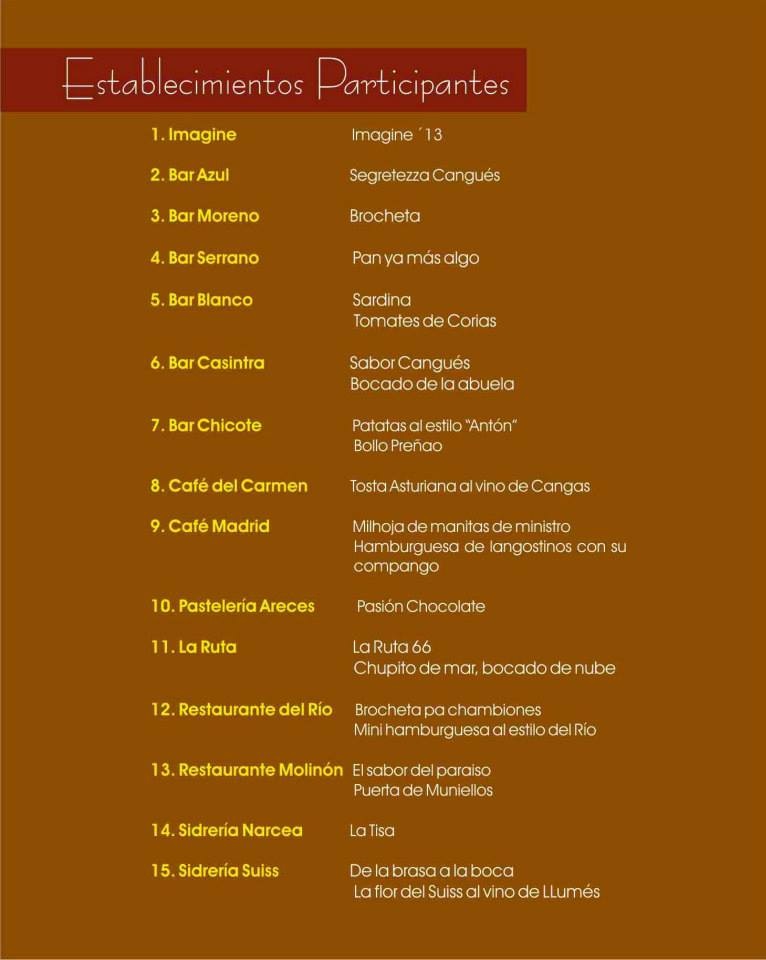 Listado de los establecimientos participantes en Cangas de Pinchos 2013