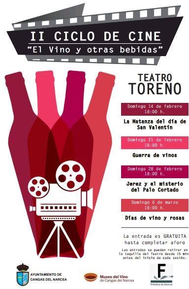 Cartel anunciador II Ciclo de Cine El vino y otras bebidas.